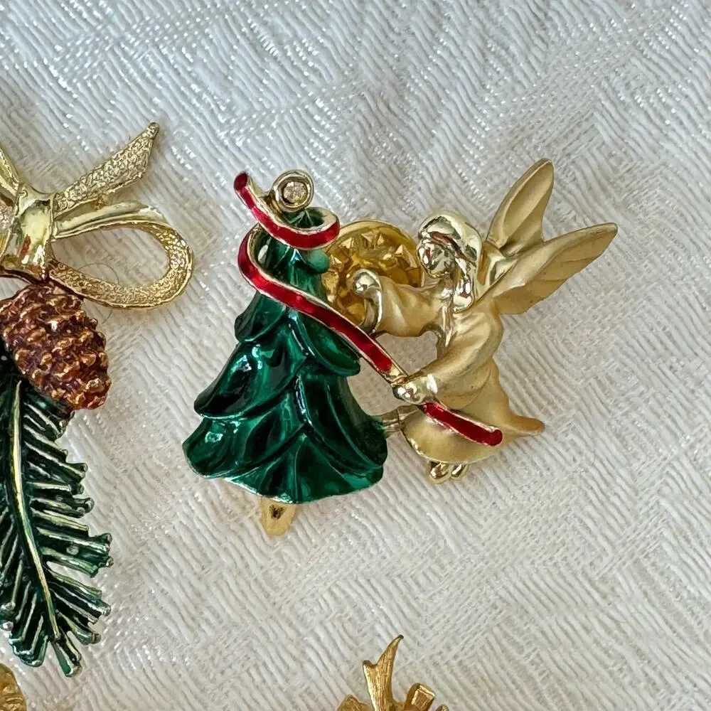 Lot of 4 Gold Enamel Christmas Brooches Pin Signed Vintage Jewelry Angels 1990s